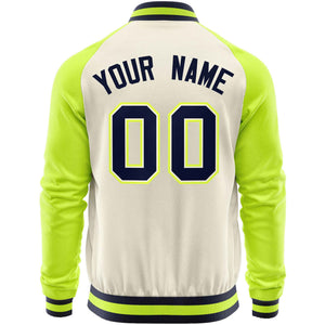 Custom Cream Neon Green Varsity Full-Zip Raglan Sleeves Letterman Baseball Jacket