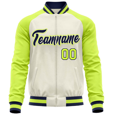 Custom Cream Neon Green Varsity Full-Zip Raglan Sleeves Letterman Baseball Jacket