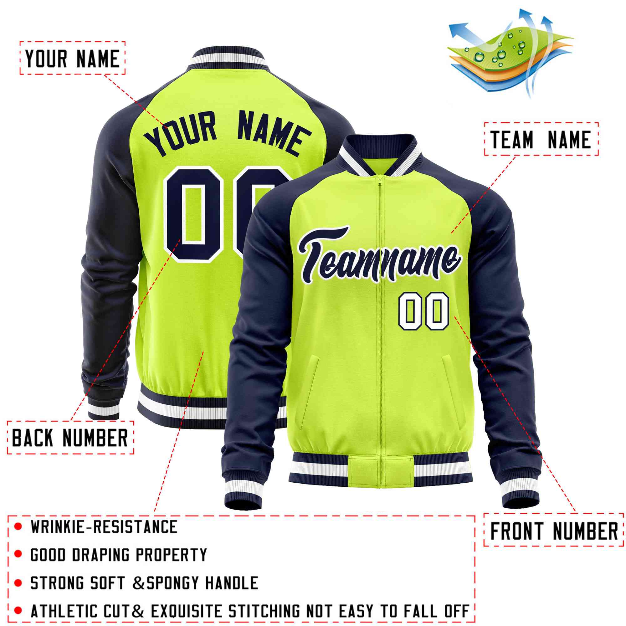 Custom Neon Green Navy Varsity Full-Zip Raglan Sleeves Letterman Baseball Jacket