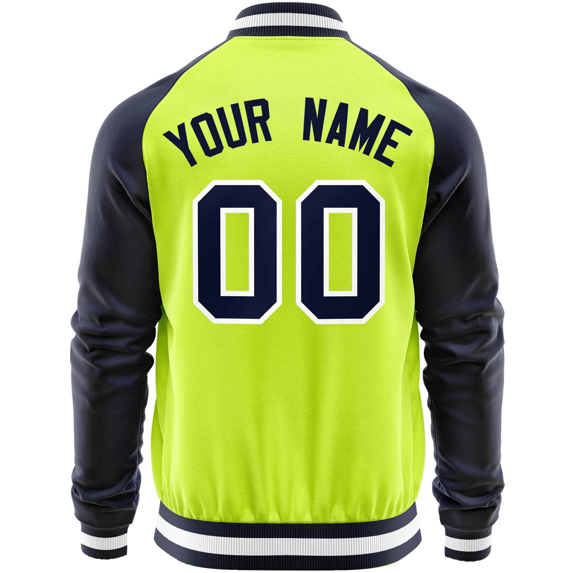 Custom Neon Green Navy Varsity Full-Zip Raglan Sleeves Letterman Baseball Jacket