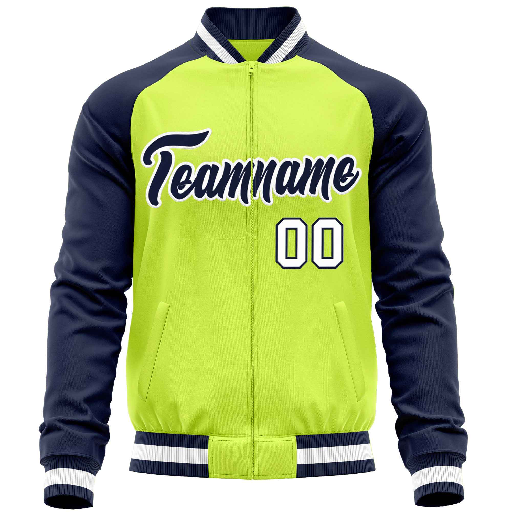 Custom Neon Green Navy Varsity Full-Zip Raglan Sleeves Letterman Baseball Jacket