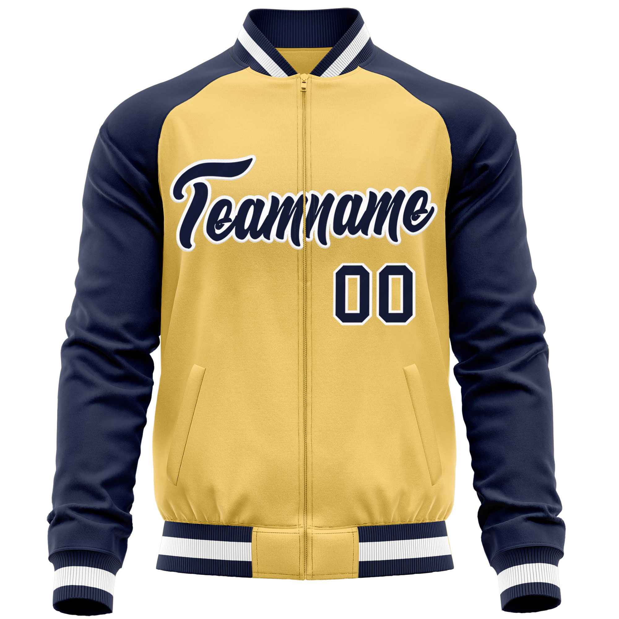 Custom Yellow Navy Varsity Full-Zip Raglan Sleeves Letterman Baseball Jacket