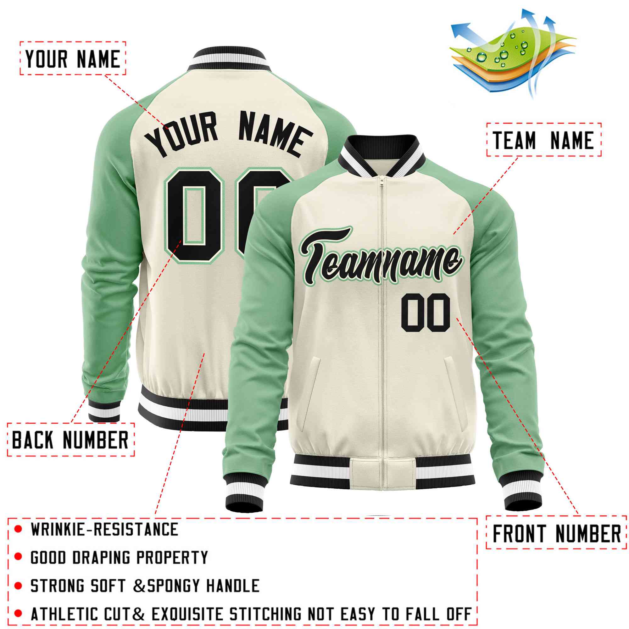 Custom Cream Light Green Varsity Full-Zip Raglan Sleeves Letterman Baseball Jacket