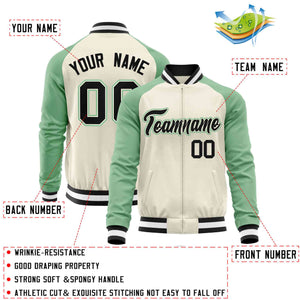 Custom Cream Light Green Varsity Full-Zip Raglan Sleeves Letterman Baseball Jacket