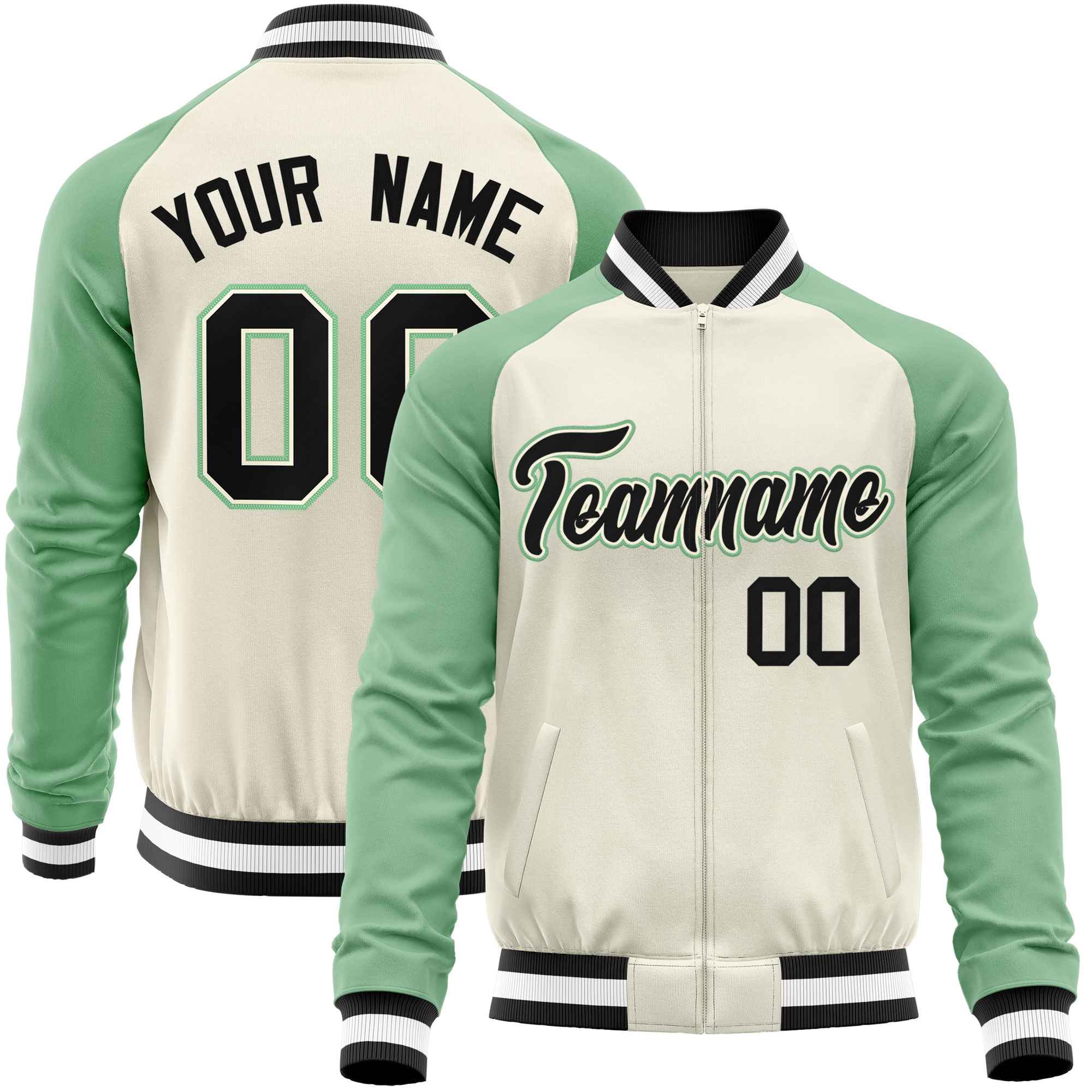 Custom Cream Light Green Varsity Full-Zip Raglan Sleeves Letterman Baseball Jacket