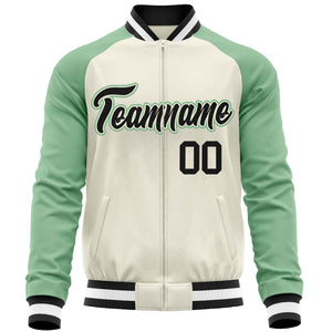 Custom Cream Light Green Varsity Full-Zip Raglan Sleeves Letterman Baseball Jacket