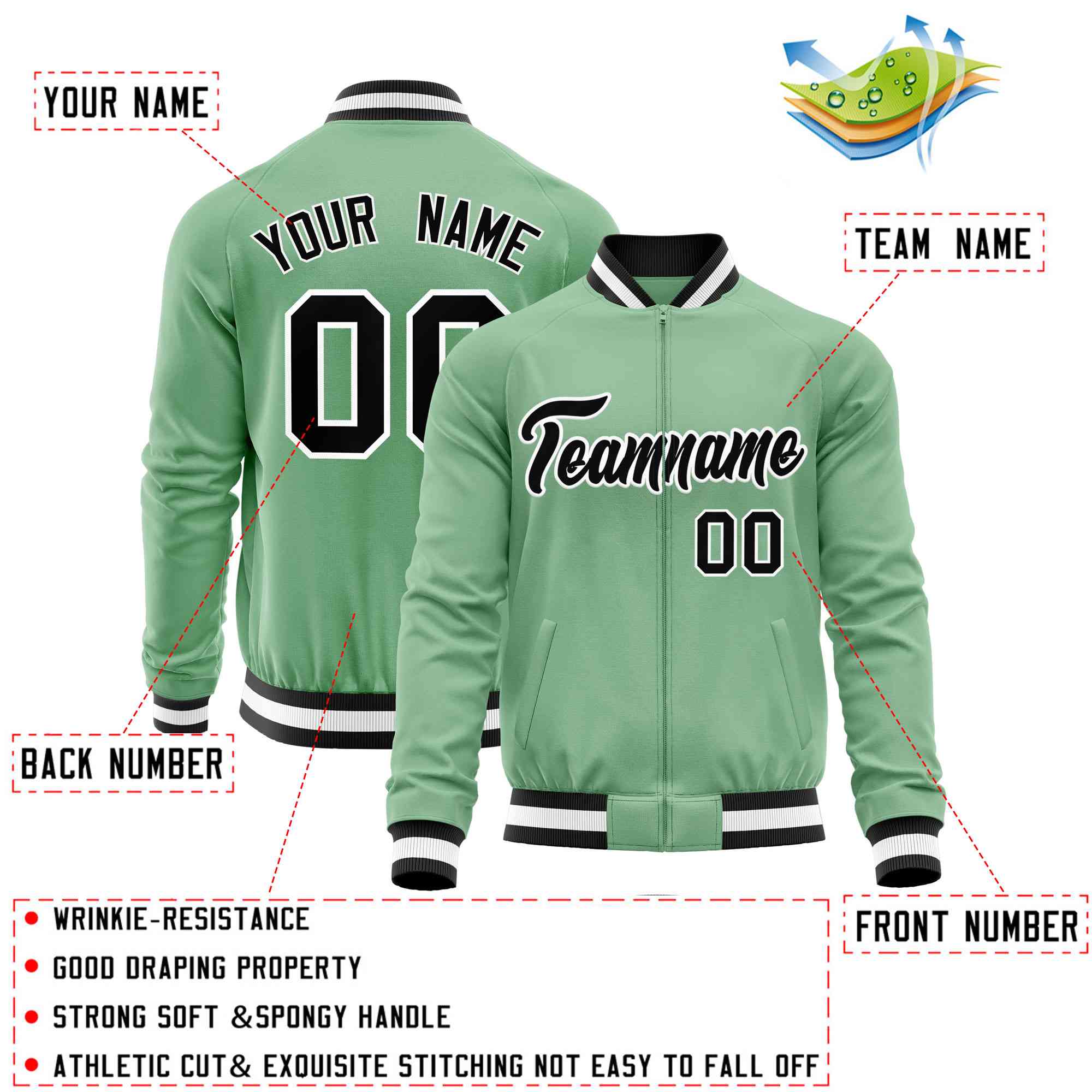 Custom Green Black Varsity Full-Zip Classic Style Letterman Baseball Jacket