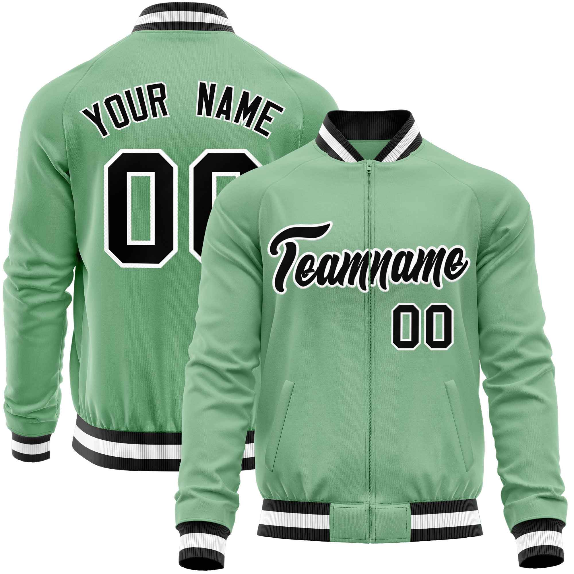 Custom Green Black Varsity Full-Zip Classic Style Letterman Baseball Jacket