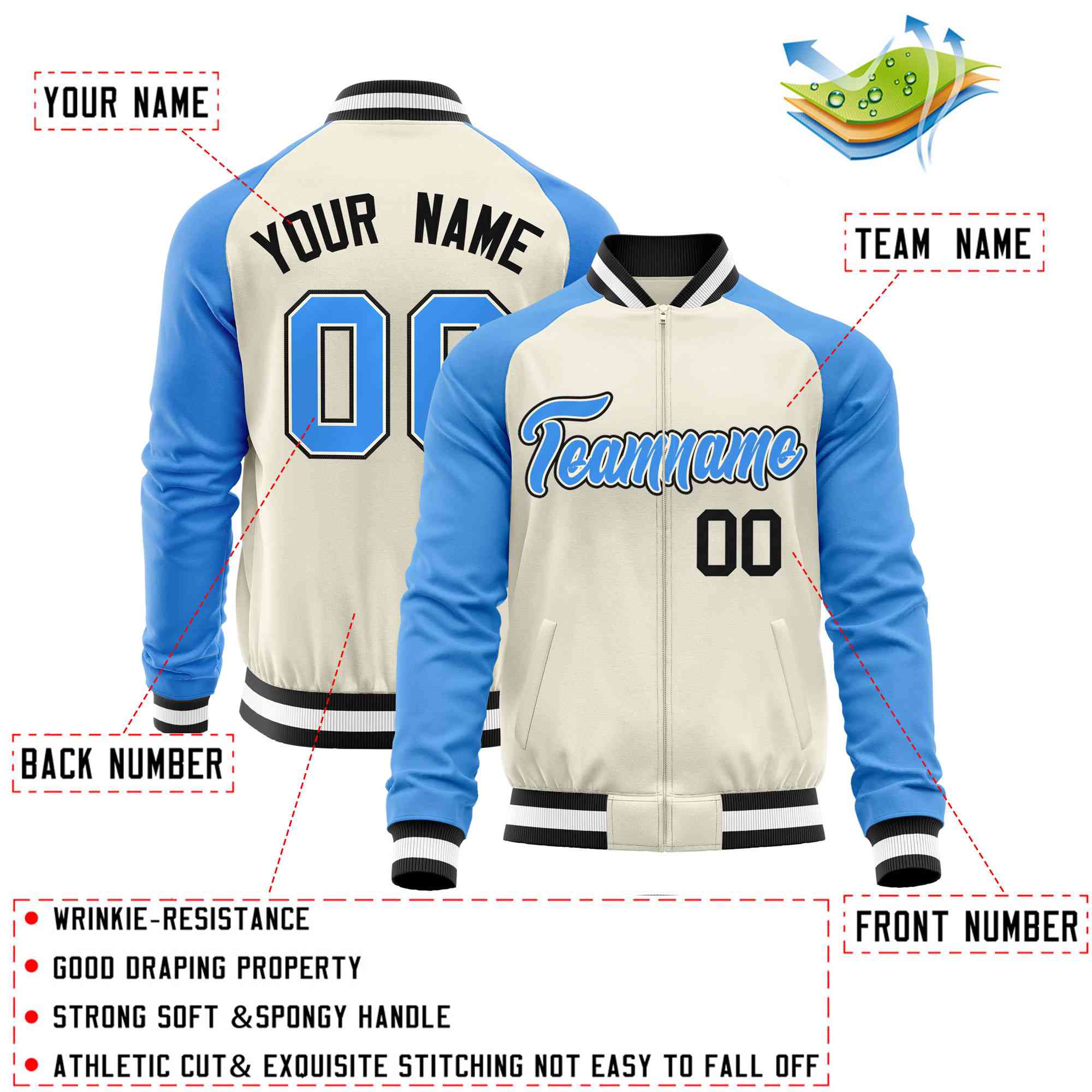 Custom Cream Powder Blue Varsity Full-Zip Raglan Sleeves Letterman Baseball Jacket