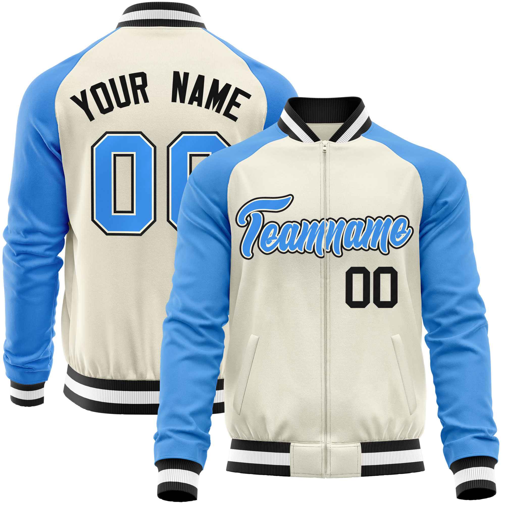 Custom Cream Powder Blue Varsity Full-Zip Raglan Sleeves Letterman Baseball Jacket