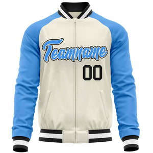 Custom Cream Powder Blue Varsity Full-Zip Raglan Sleeves Letterman Baseball Jacket