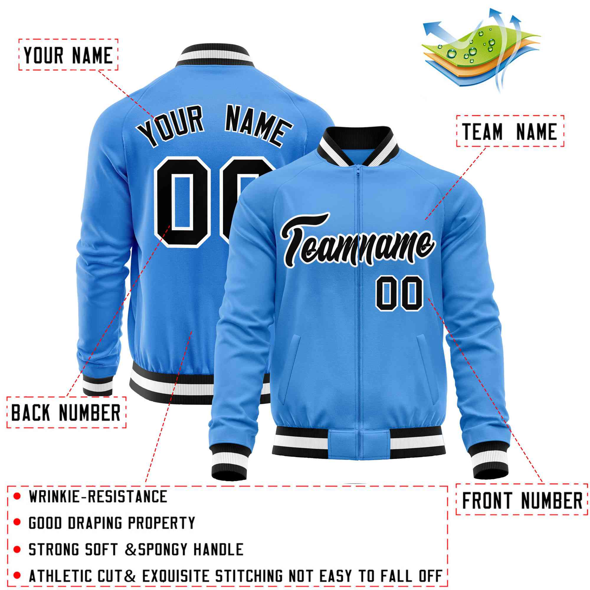 Custom Powder Blue Black Varsity Full-Zip Classic Style Letterman Baseball Jacket