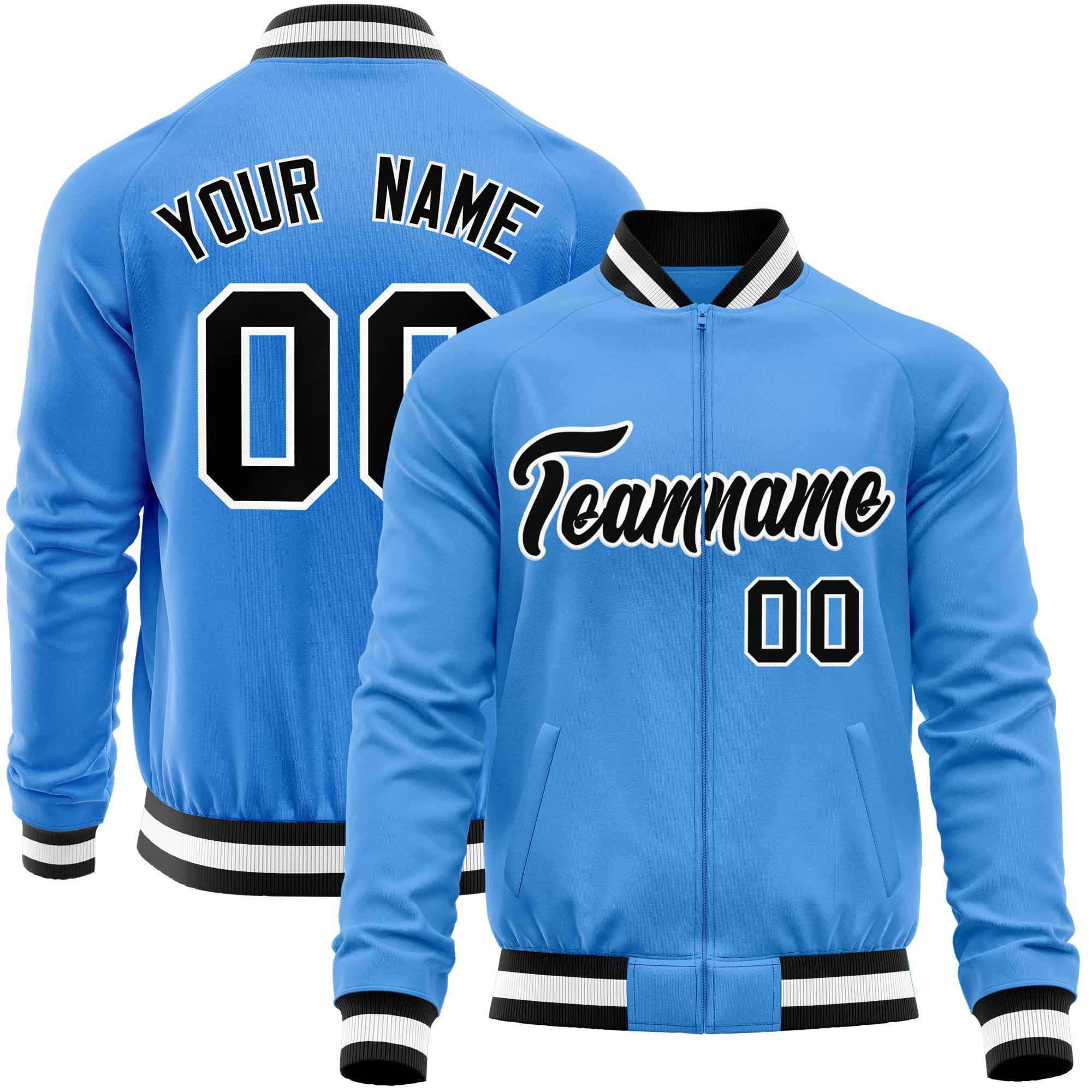 Custom Powder Blue Black Varsity Full-Zip Classic Style Letterman Baseball Jacket