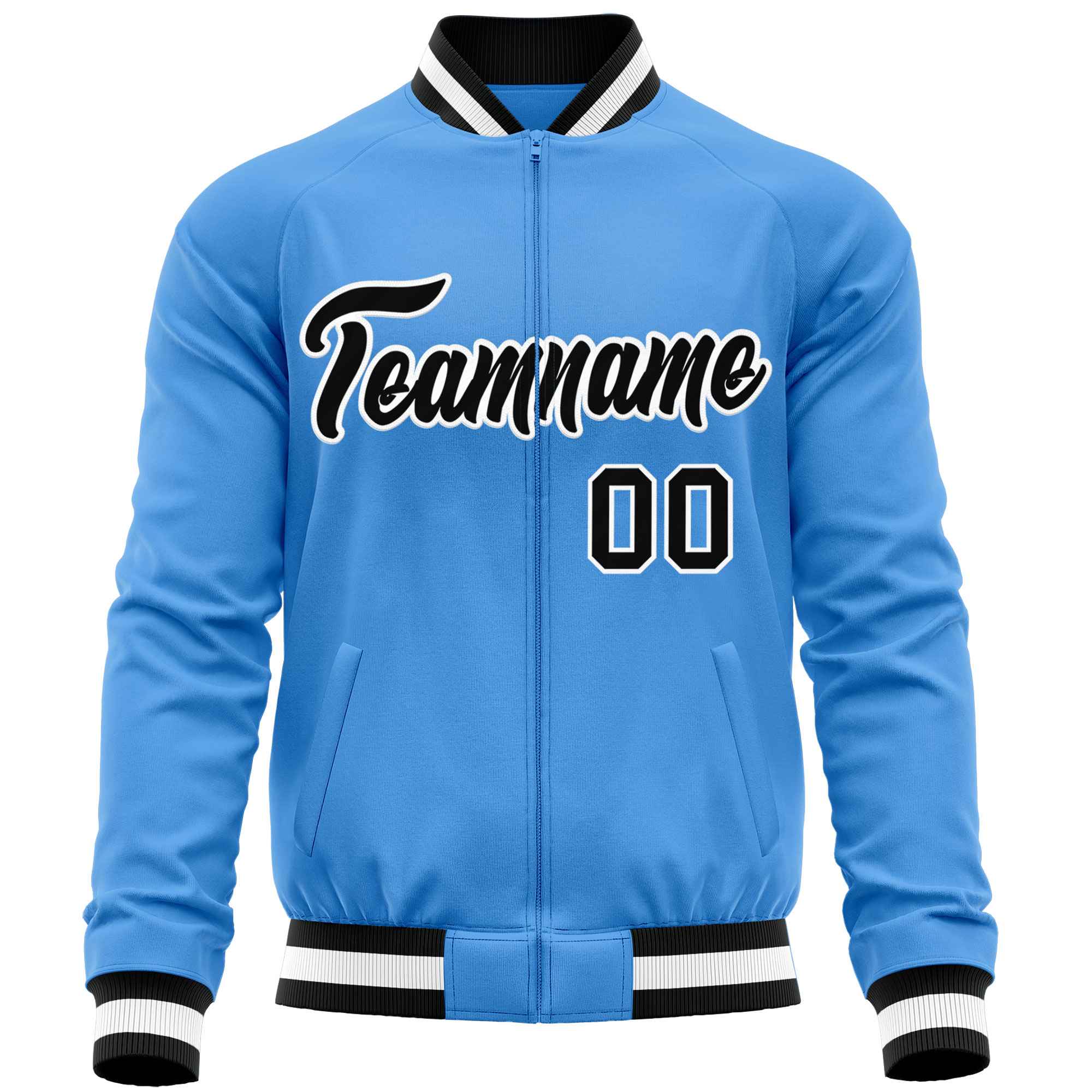 Custom Powder Blue Black Varsity Full-Zip Classic Style Letterman Baseball Jacket