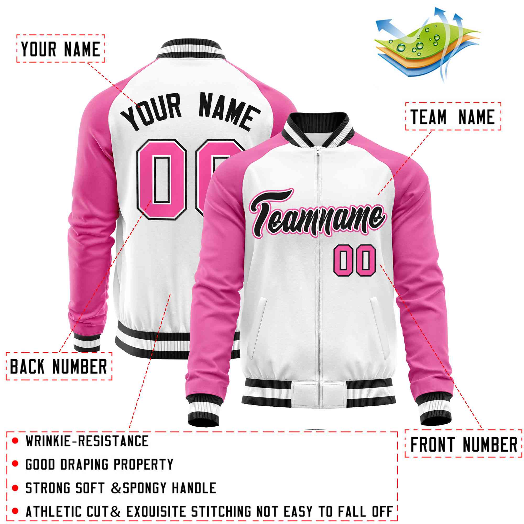 Custom White Pink-Black Varsity Full-Zip Raglan Sleeves Letterman Baseball Jacket