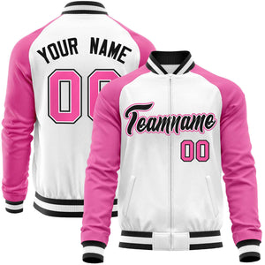 Custom White Pink-Black Varsity Full-Zip Raglan Sleeves Letterman Baseball Jacket