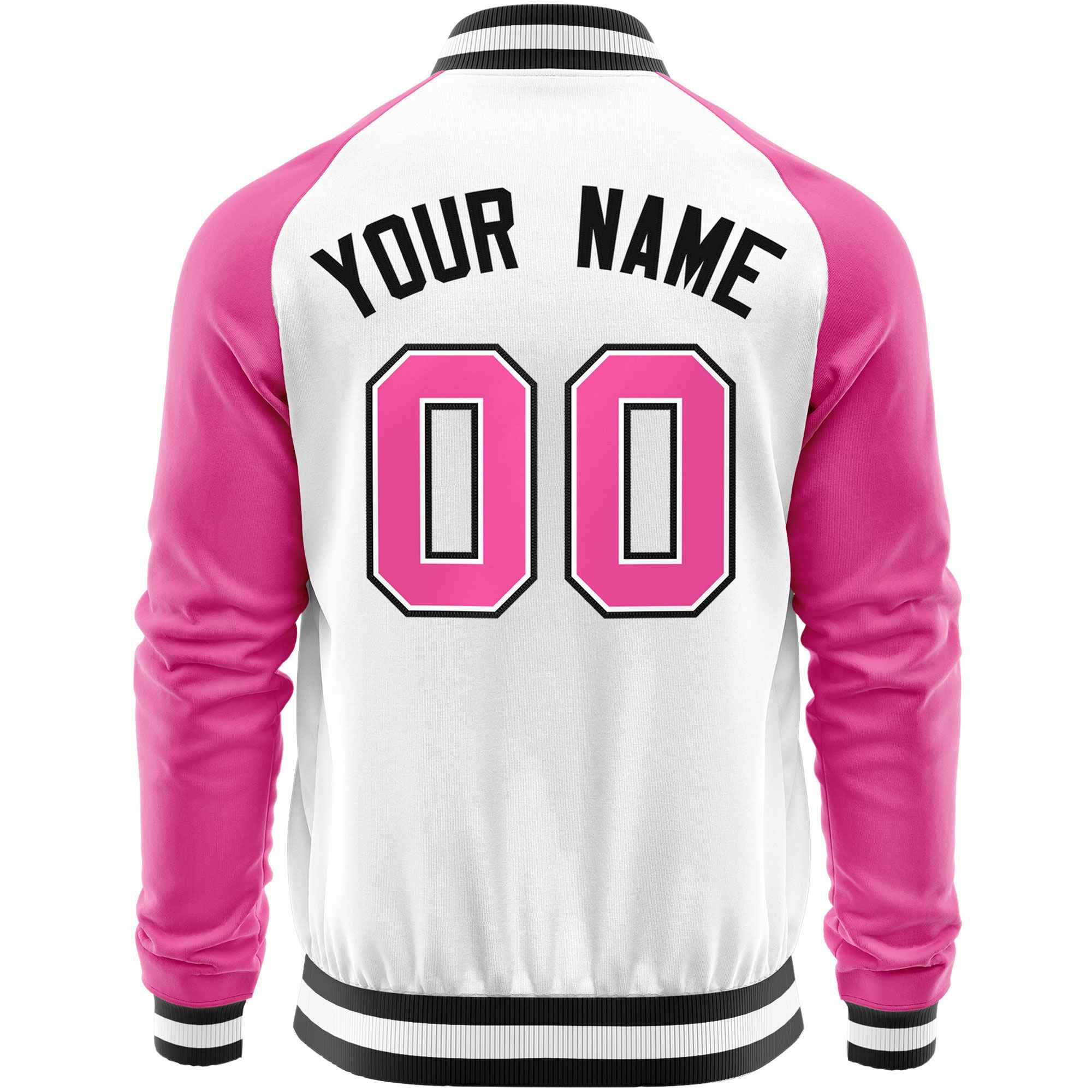 Custom White Pink-Black Varsity Full-Zip Raglan Sleeves Letterman Baseball Jacket