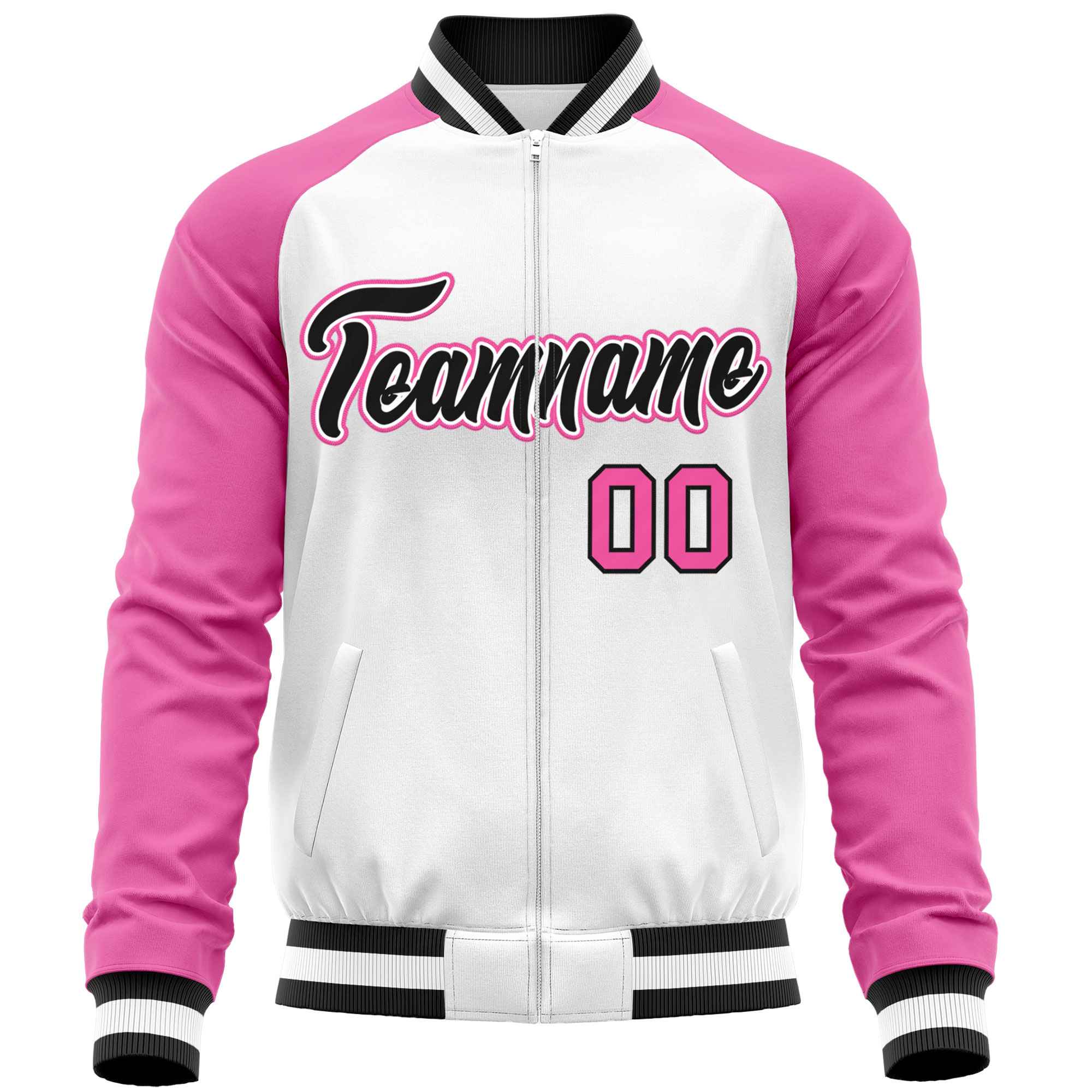 Custom White Pink-Black Varsity Full-Zip Raglan Sleeves Letterman Baseball Jacket