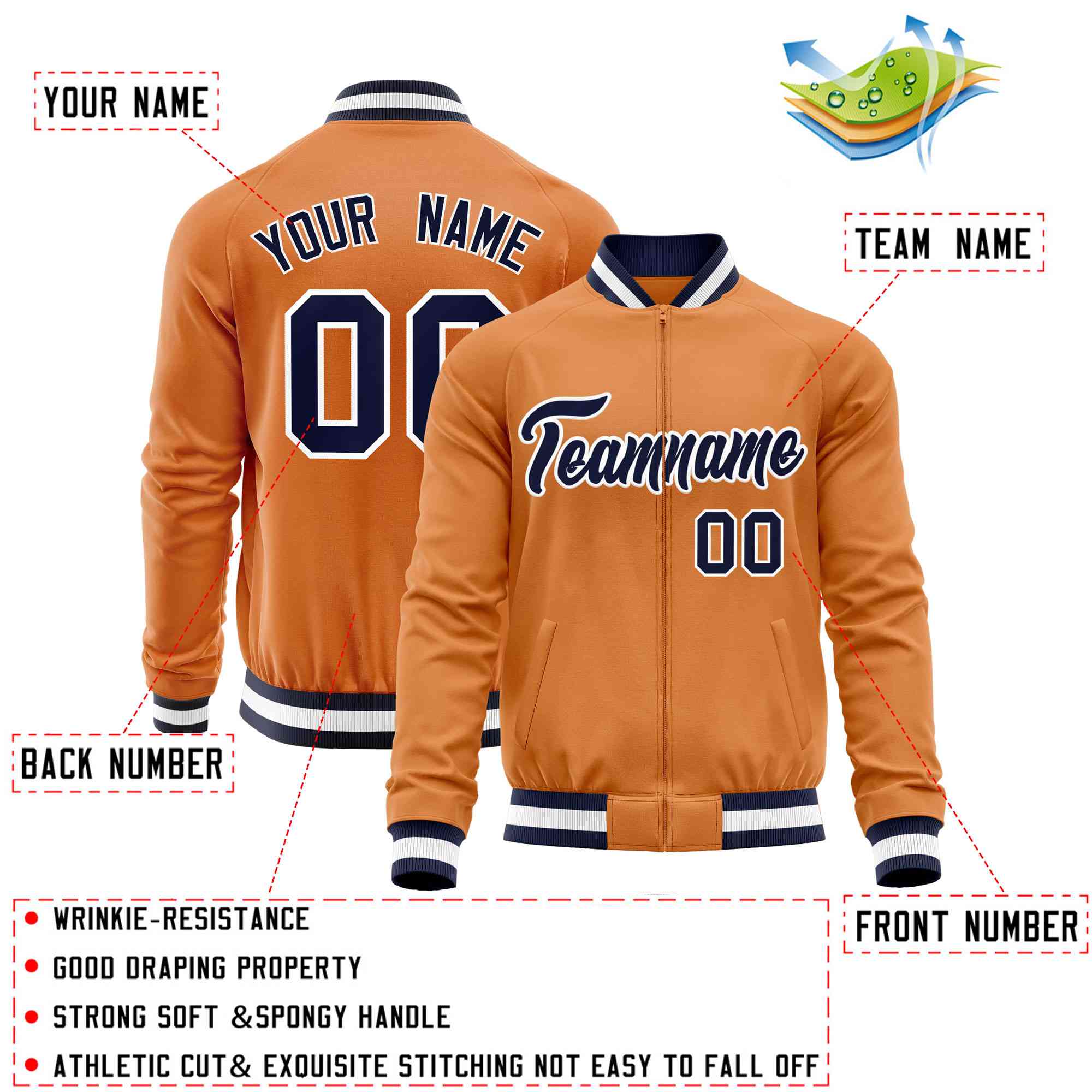 Custom Orange Navy Varsity Full-Zip Classic Style Letterman Baseball Jacket