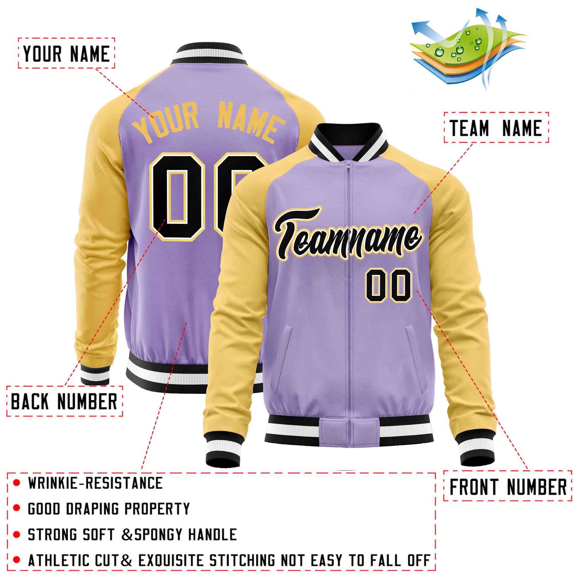 Custom Light Purple Yellow Varsity Full-Zip Raglan Sleeves Letterman Baseball Jacket