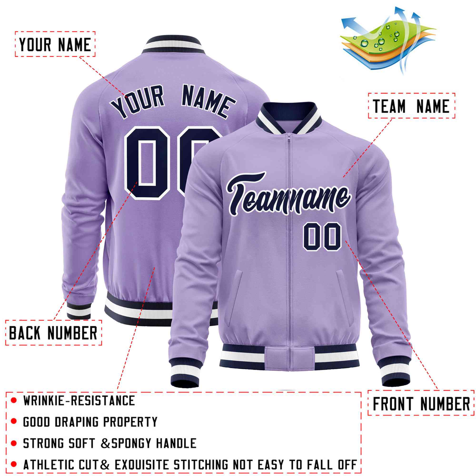 Custom Light Purple Navy Varsity Full-Zip Classic Style Letterman Baseball Jacket