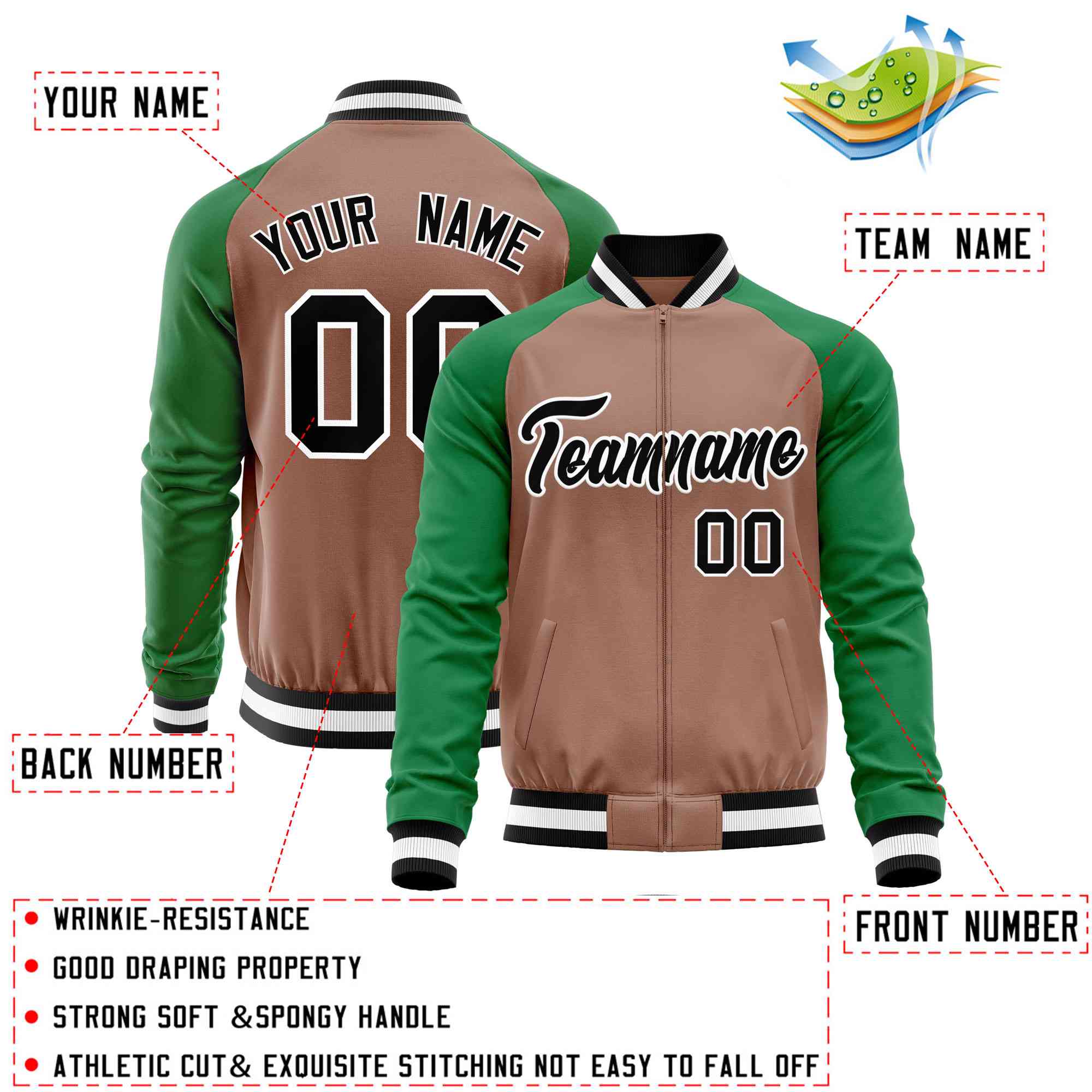 Custom Brown Kelly Green Varsity Full-Zip Raglan Sleeves Letterman Baseball Jacket