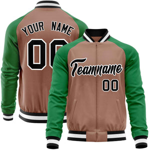 Custom Brown Kelly Green Varsity Full-Zip Raglan Sleeves Letterman Baseball Jacket