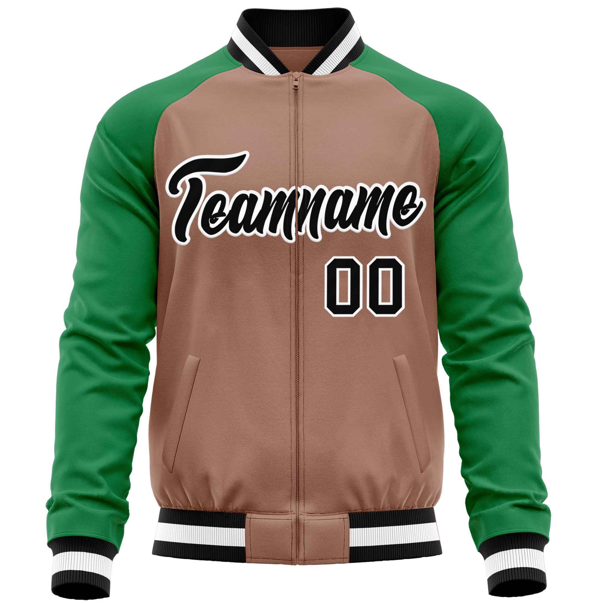 Custom Brown Kelly Green Varsity Full-Zip Raglan Sleeves Letterman Baseball Jacket