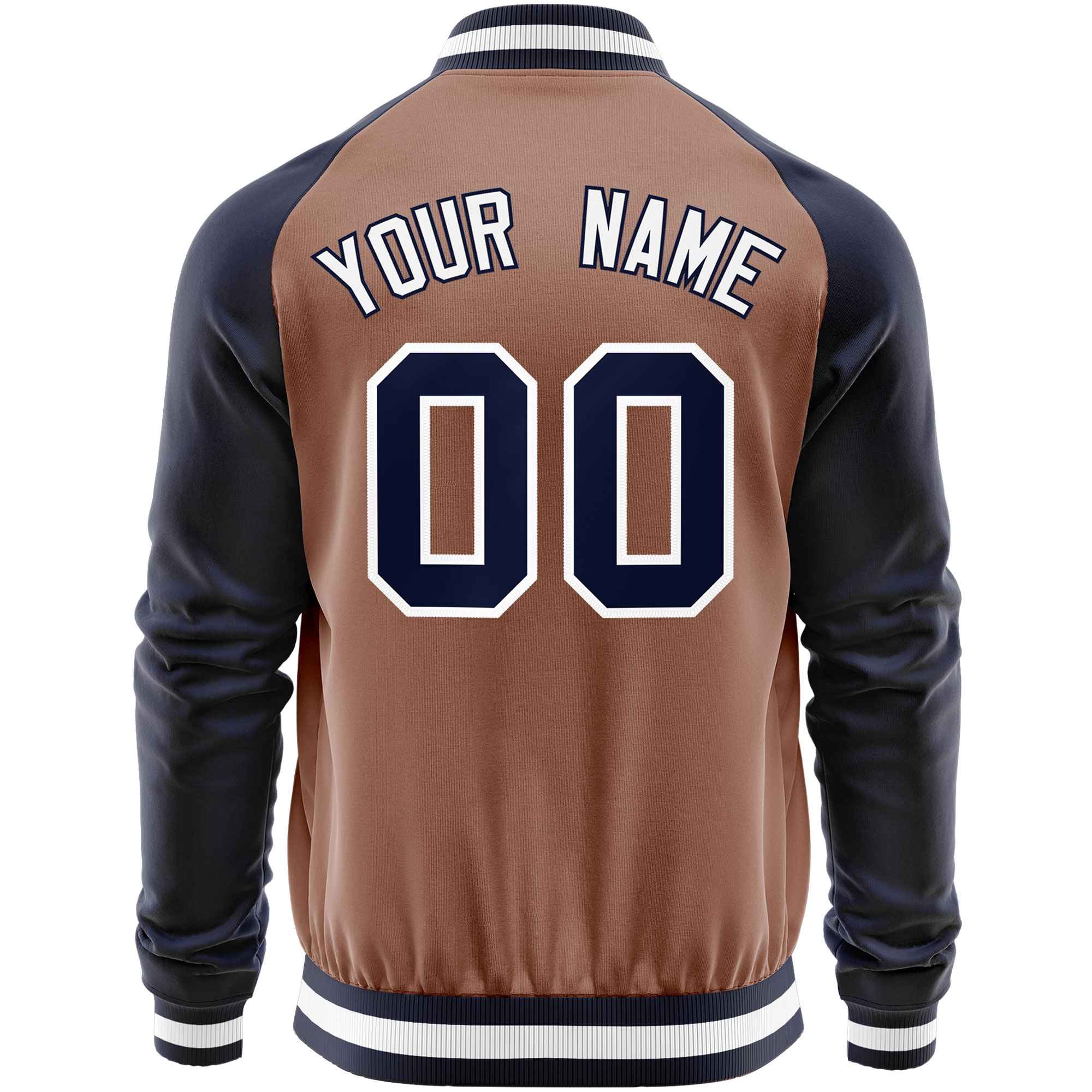 Custom Brown Navy Varsity Full-Zip Raglan Sleeves Letterman Baseball Jacket