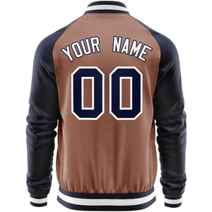 Custom Brown Navy Varsity Full-Zip Raglan Sleeves Letterman Baseball Jacket