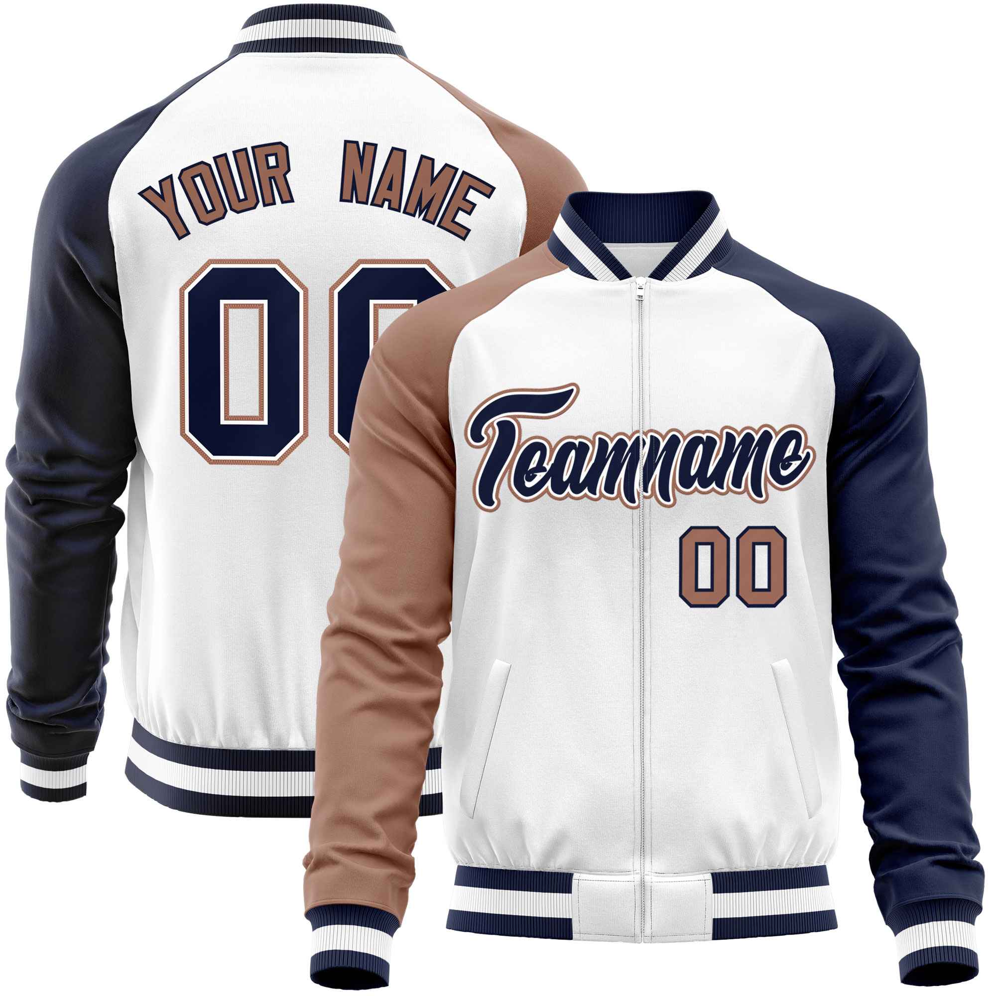 Custom White Navy-Brown Varsity Full-Zip Raglan Sleeves Letterman Baseball Jacket