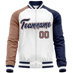 Custom White Navy-Brown Varsity Full-Zip Raglan Sleeves Letterman Baseball Jacket