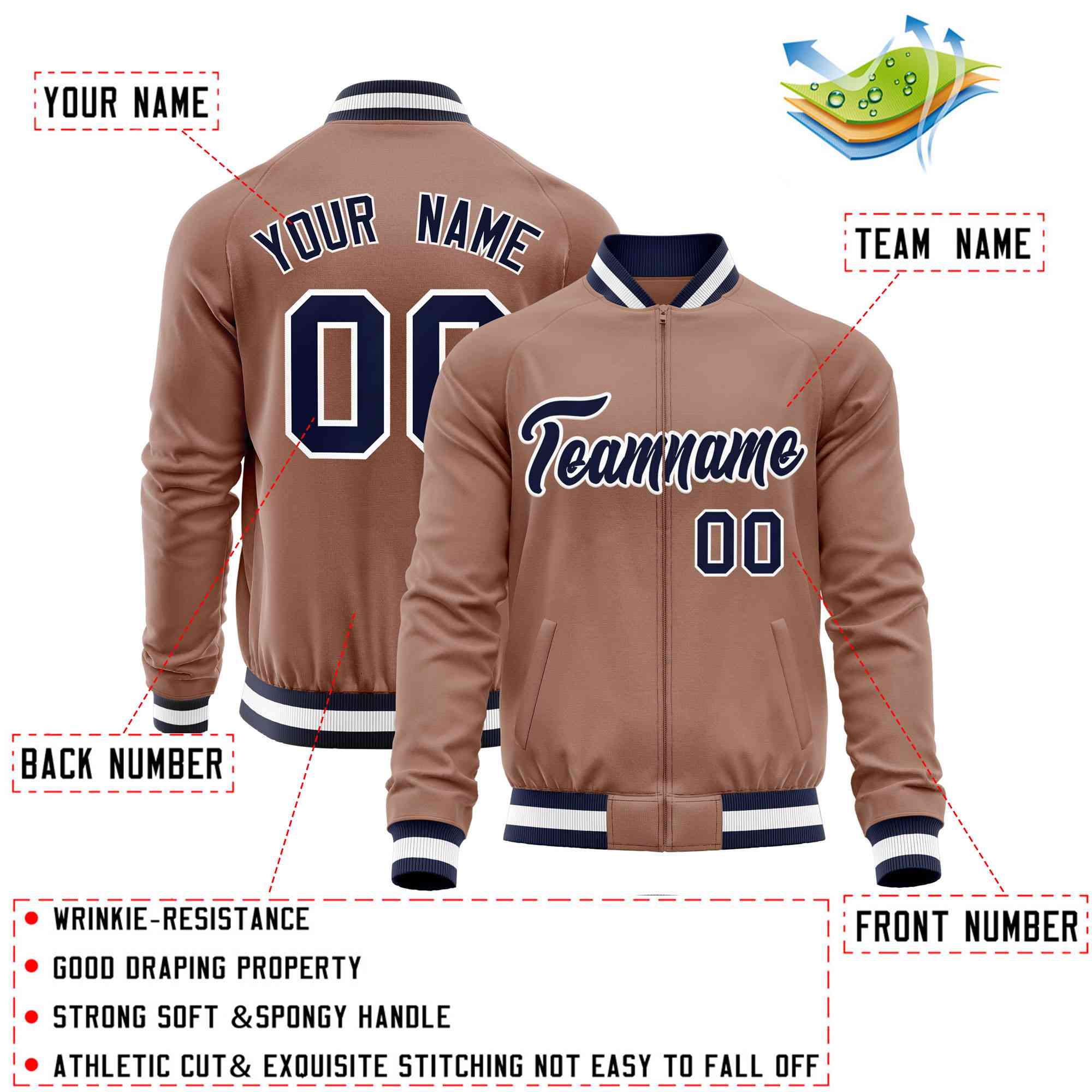 Custom Brown Navy Varsity Full-Zip Classic Style Letterman Baseball Jacket