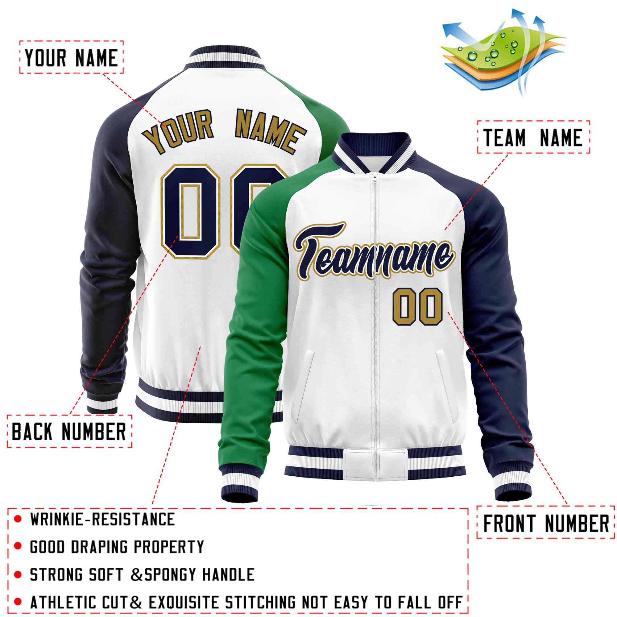 Custom White Navy-Kelly Green Varsity Full-Zip Raglan Sleeves Letterman Baseball Jacket