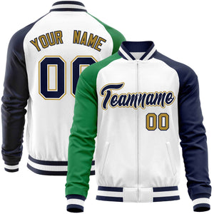 Custom White Navy-Kelly Green Varsity Full-Zip Raglan Sleeves Letterman Baseball Jacket