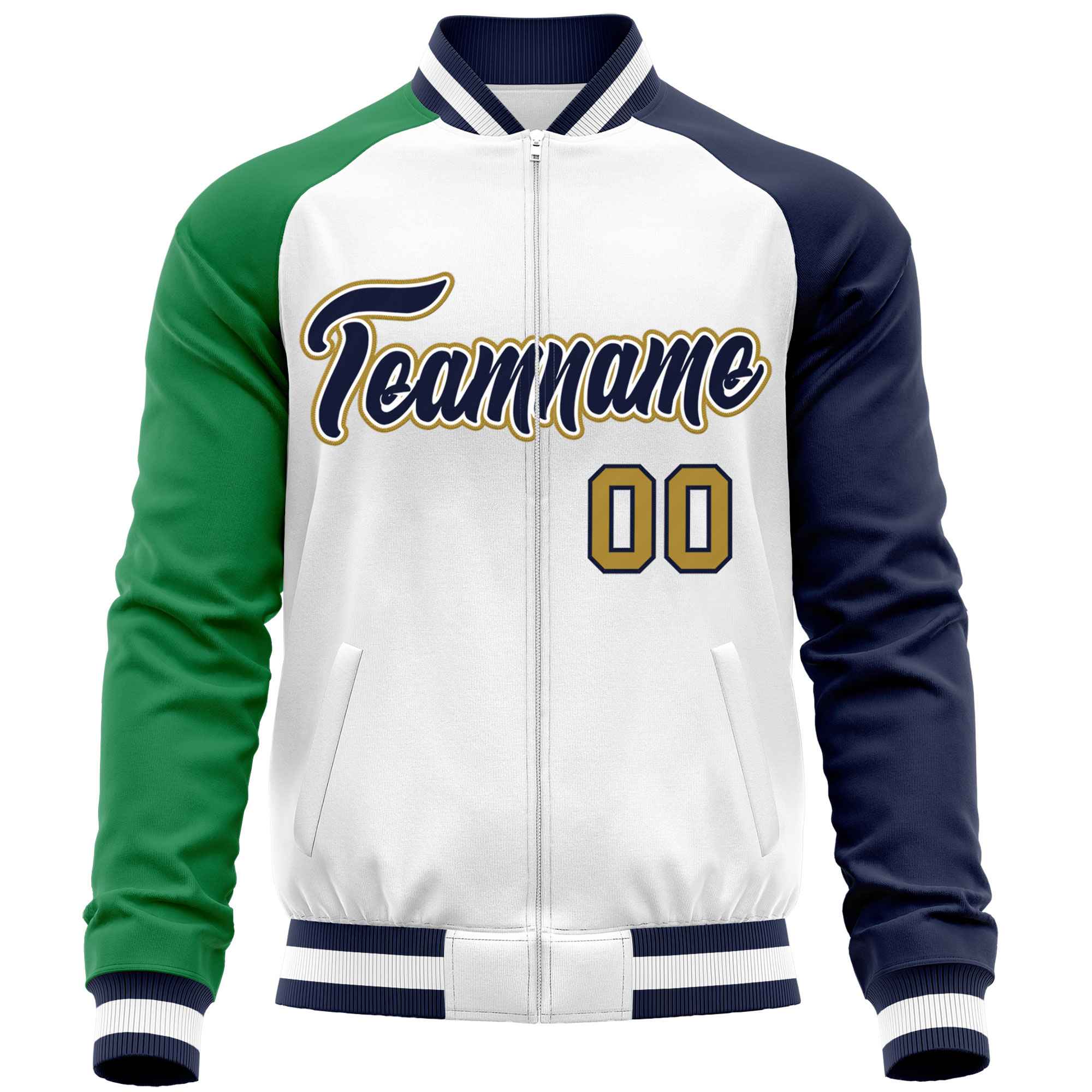 Custom White Navy-Kelly Green Varsity Full-Zip Raglan Sleeves Letterman Baseball Jacket