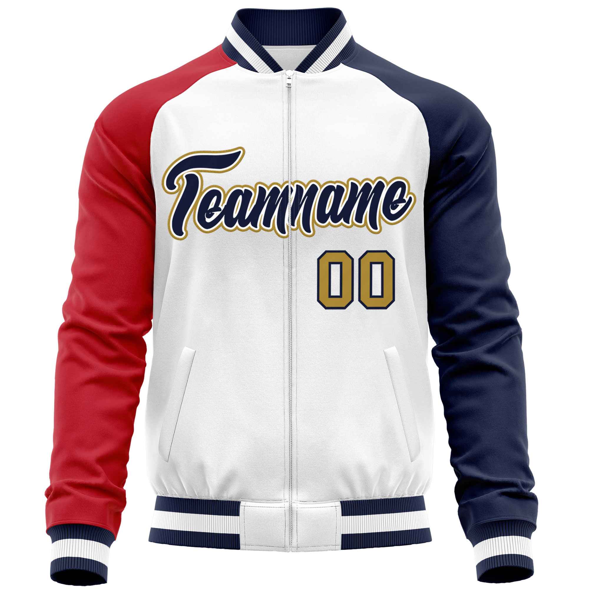 Custom White Navy-Red Varsity Full-Zip Raglan Sleeves Letterman Baseball Jacket