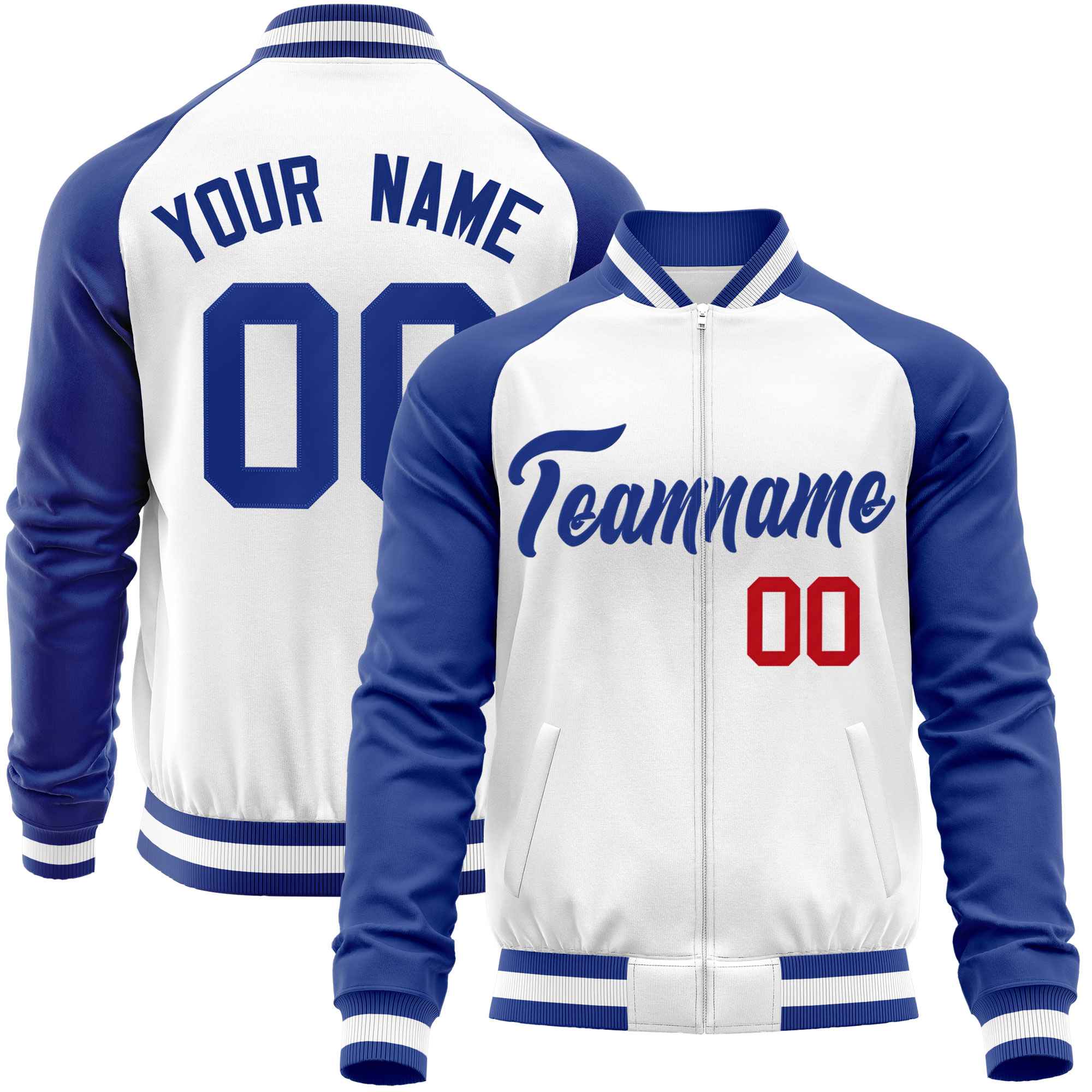 Custom White Royal Varsity Full-Zip Raglan Sleeves Letterman Baseball Jacket