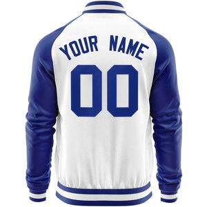 Custom White Royal Varsity Full-Zip Raglan Sleeves Letterman Baseball Jacket