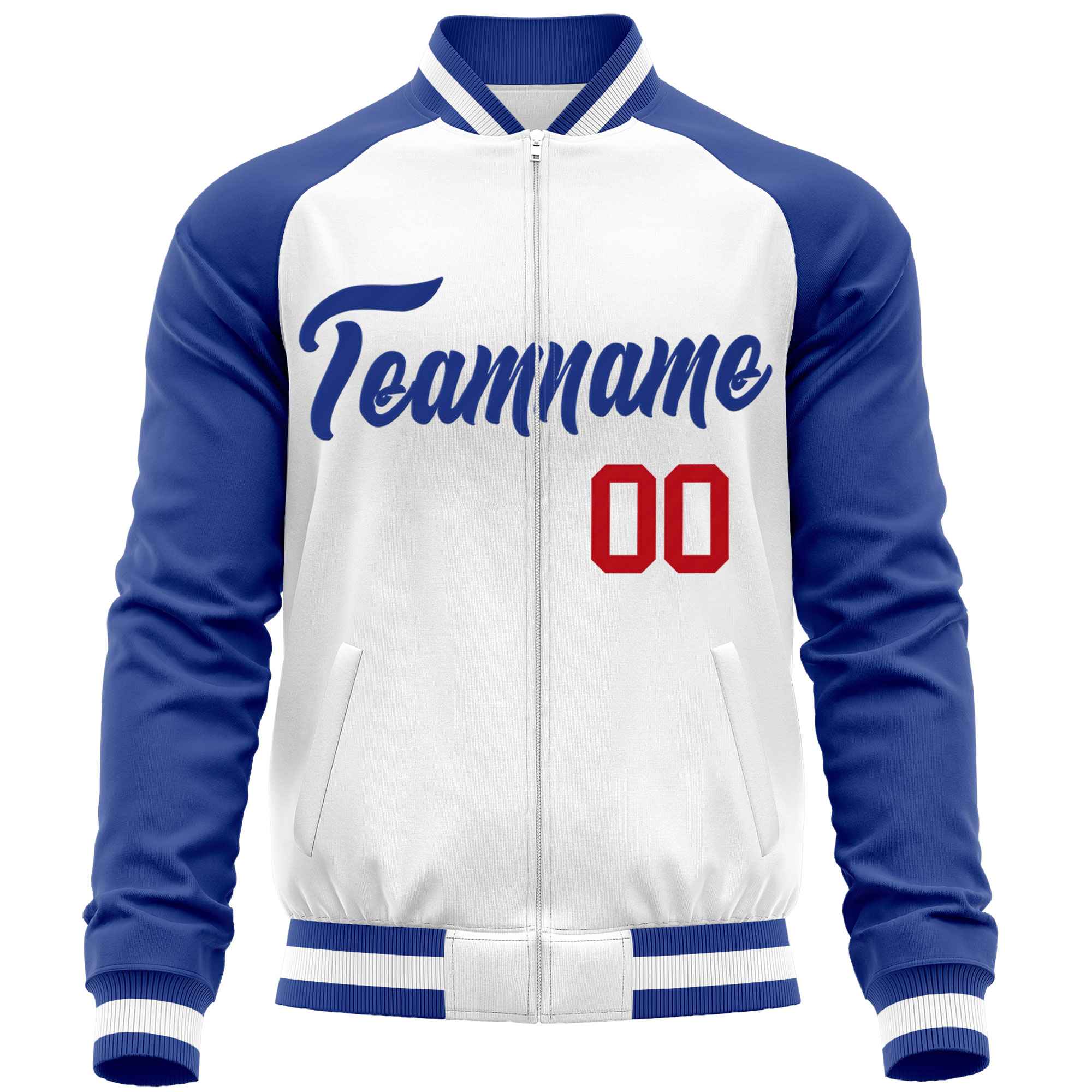 Custom White Royal Varsity Full-Zip Raglan Sleeves Letterman Baseball Jacket