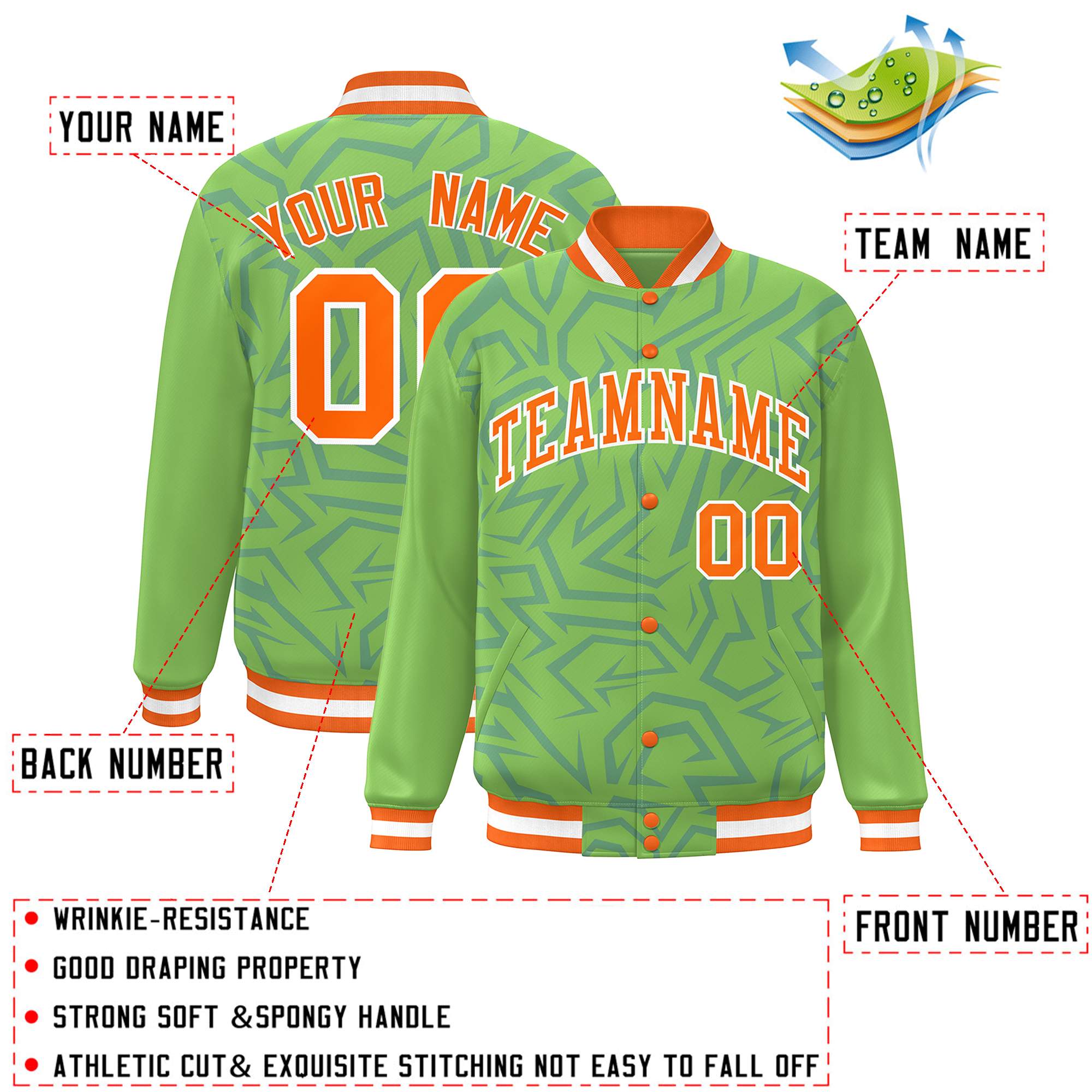 Custom Green Orange-White Stripe Graffiti Pattern Varsity Full-Snap Jacket