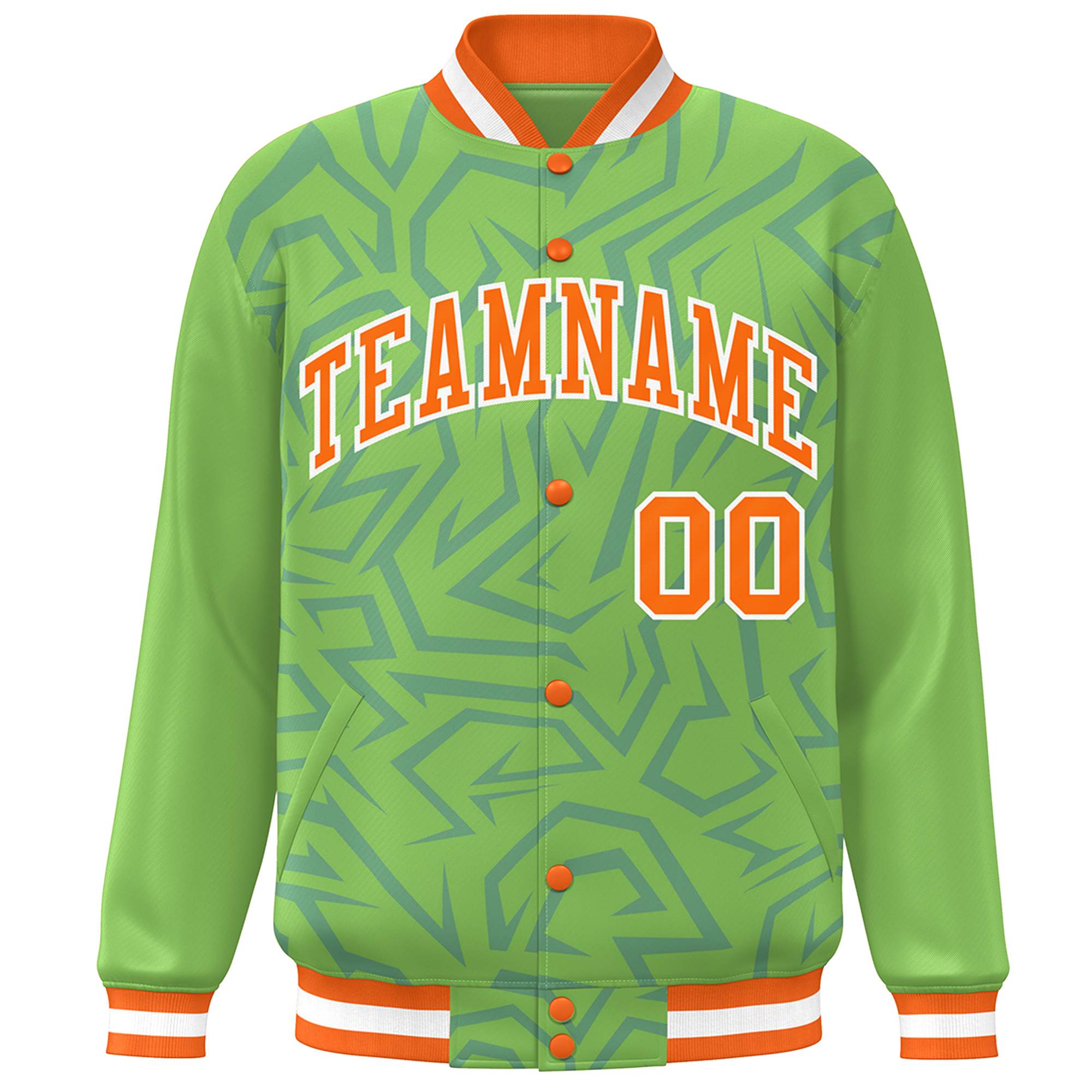 Custom Green Orange-White Stripe Graffiti Pattern Varsity Full-Snap Jacket