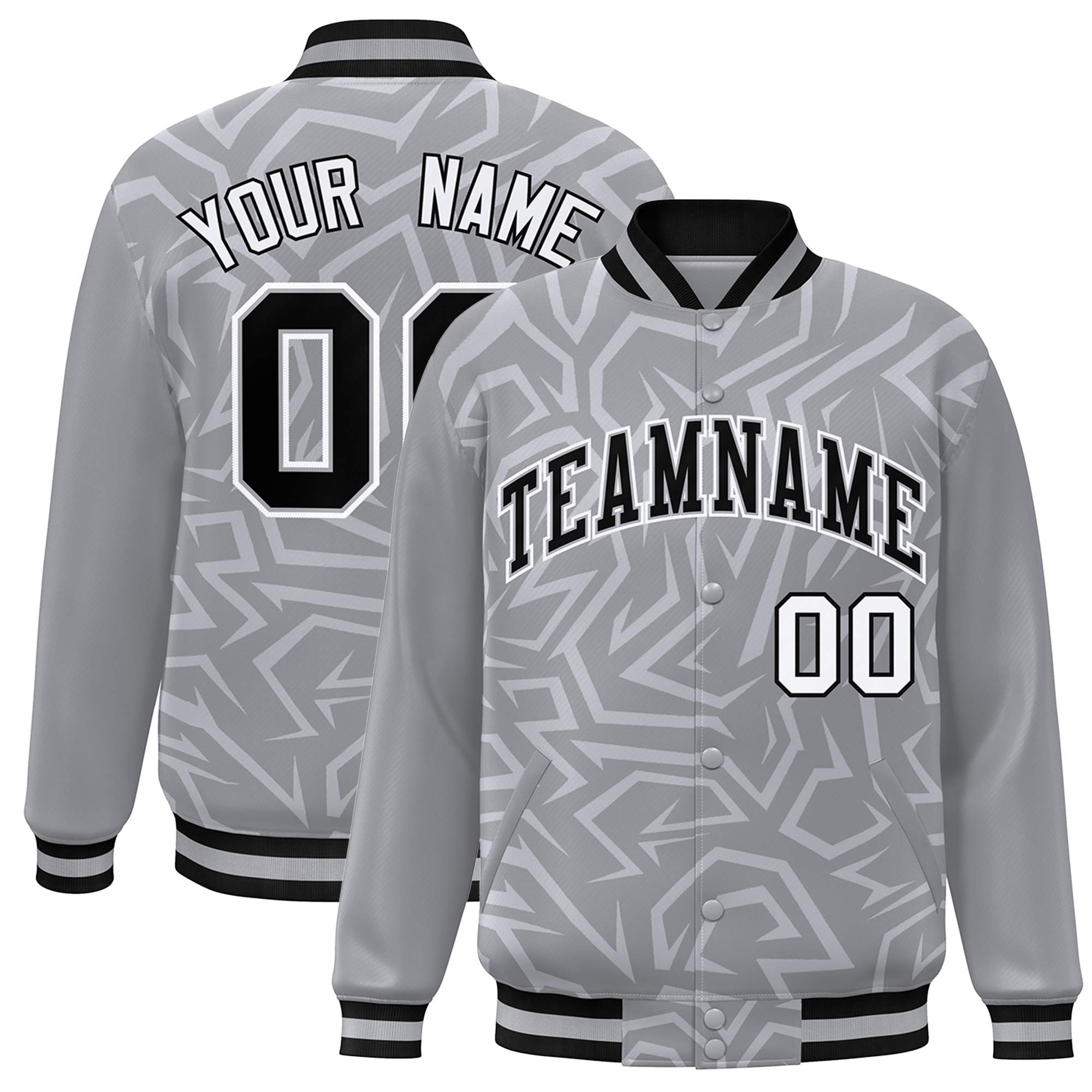 Custom Gray Black-White Stripe Graffiti Pattern Varsity Full-Snap Jacket