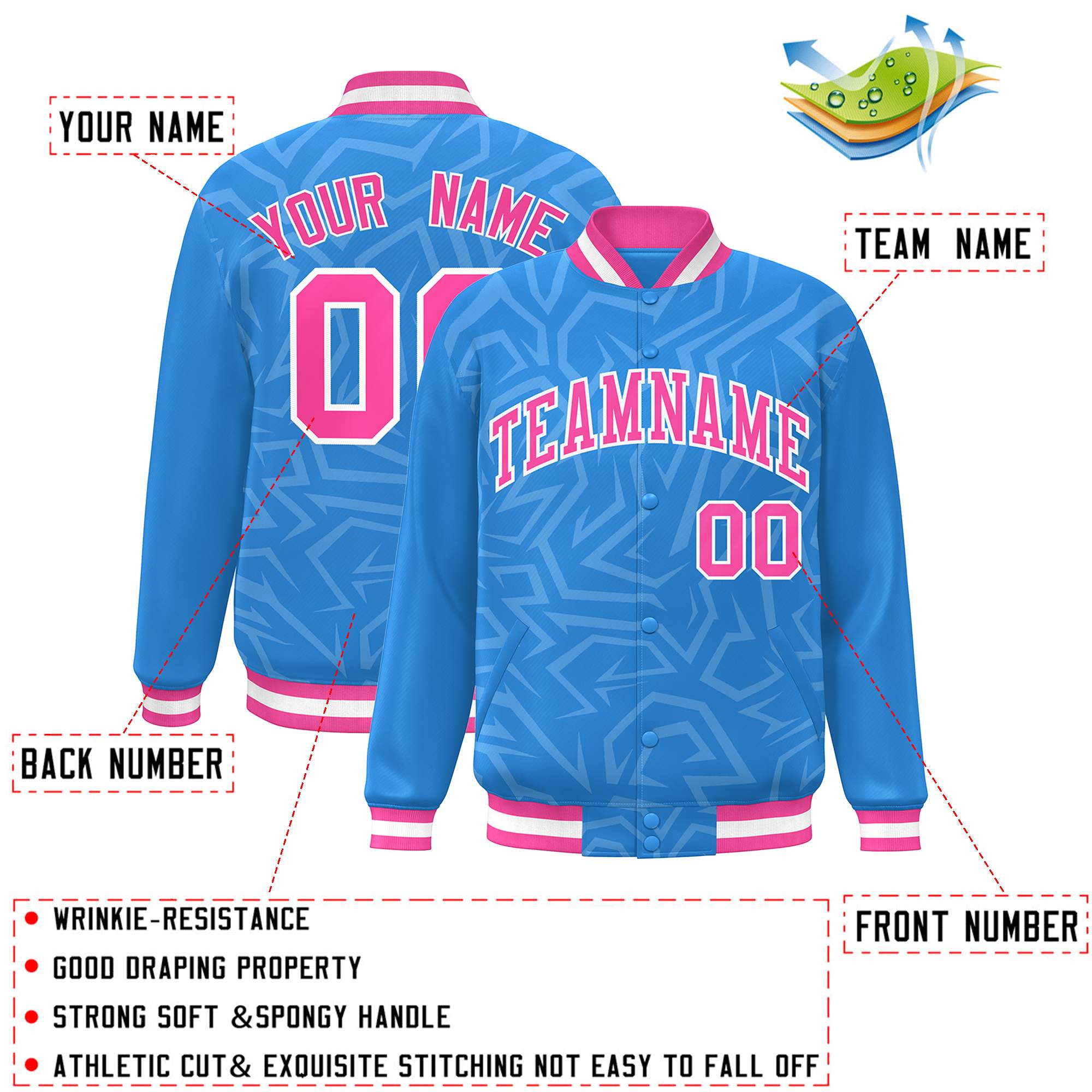 Custom Powder Blue Pink-White Stripe Graffiti Pattern Varsity Full-Snap Jacket