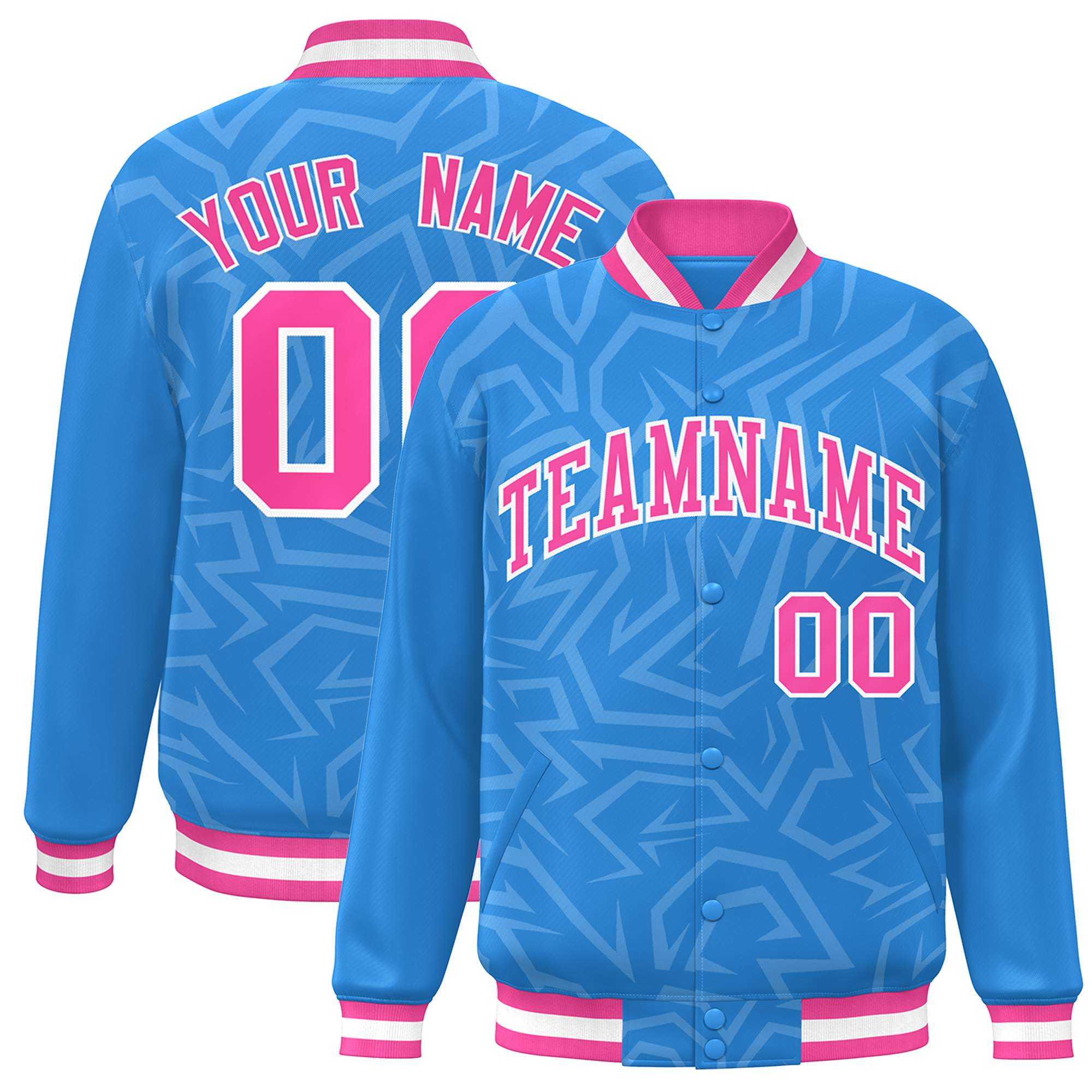 Custom Powder Blue Pink-White Stripe Graffiti Pattern Varsity Full-Snap Jacket