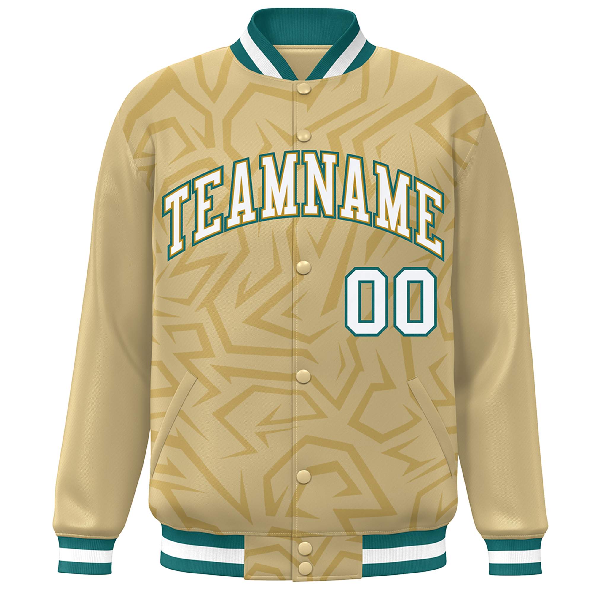 Custom Khaki White-Teal Stripe Graffiti Pattern Varsity Full-Snap Jacket