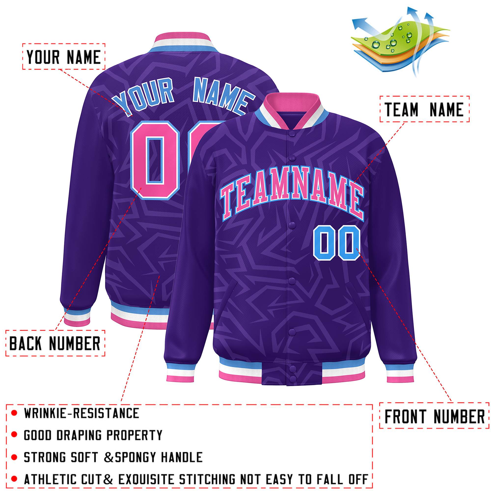 Custom Purple Pink-Powder Blue Stripe Graffiti Pattern Varsity Full-Snap Jacket