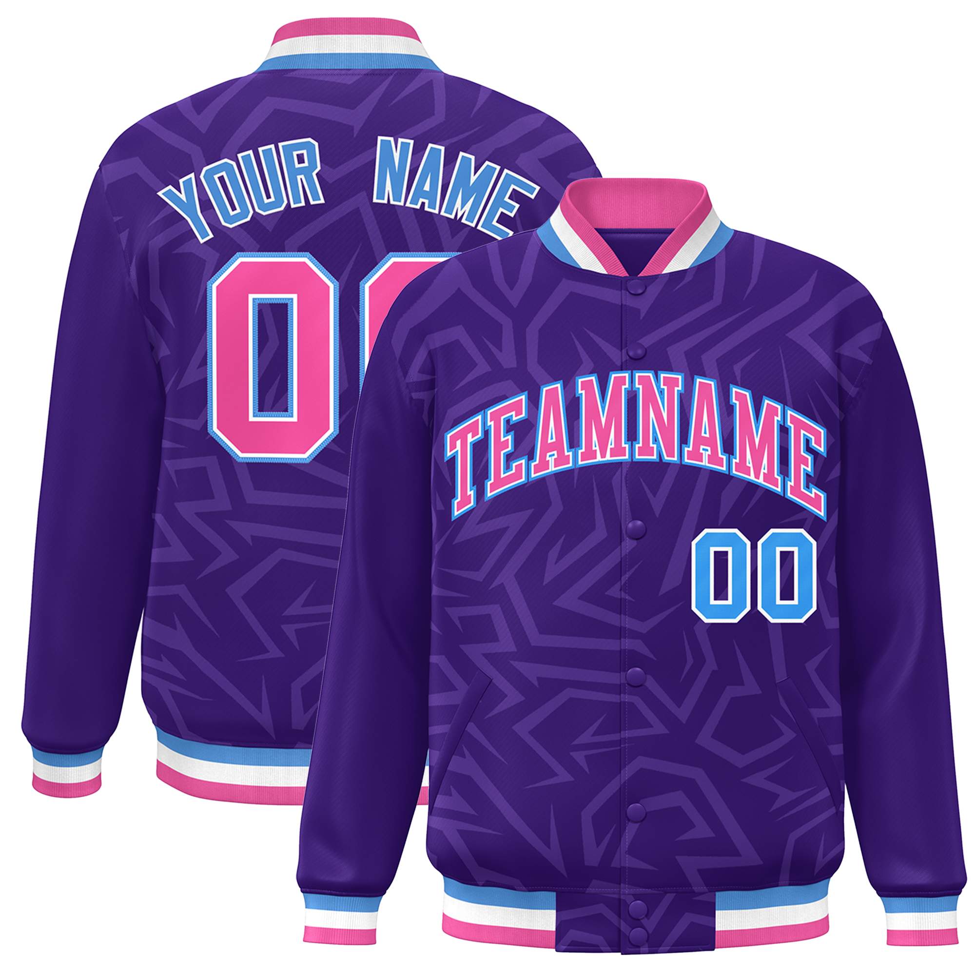 Custom Purple Pink-Powder Blue Stripe Graffiti Pattern Varsity Full-Snap Jacket