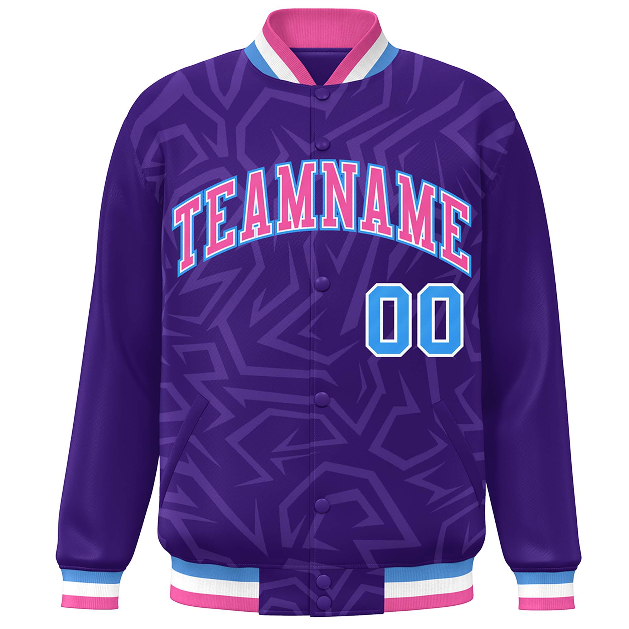 Custom Purple Pink-Powder Blue Stripe Graffiti Pattern Varsity Full-Snap Jacket