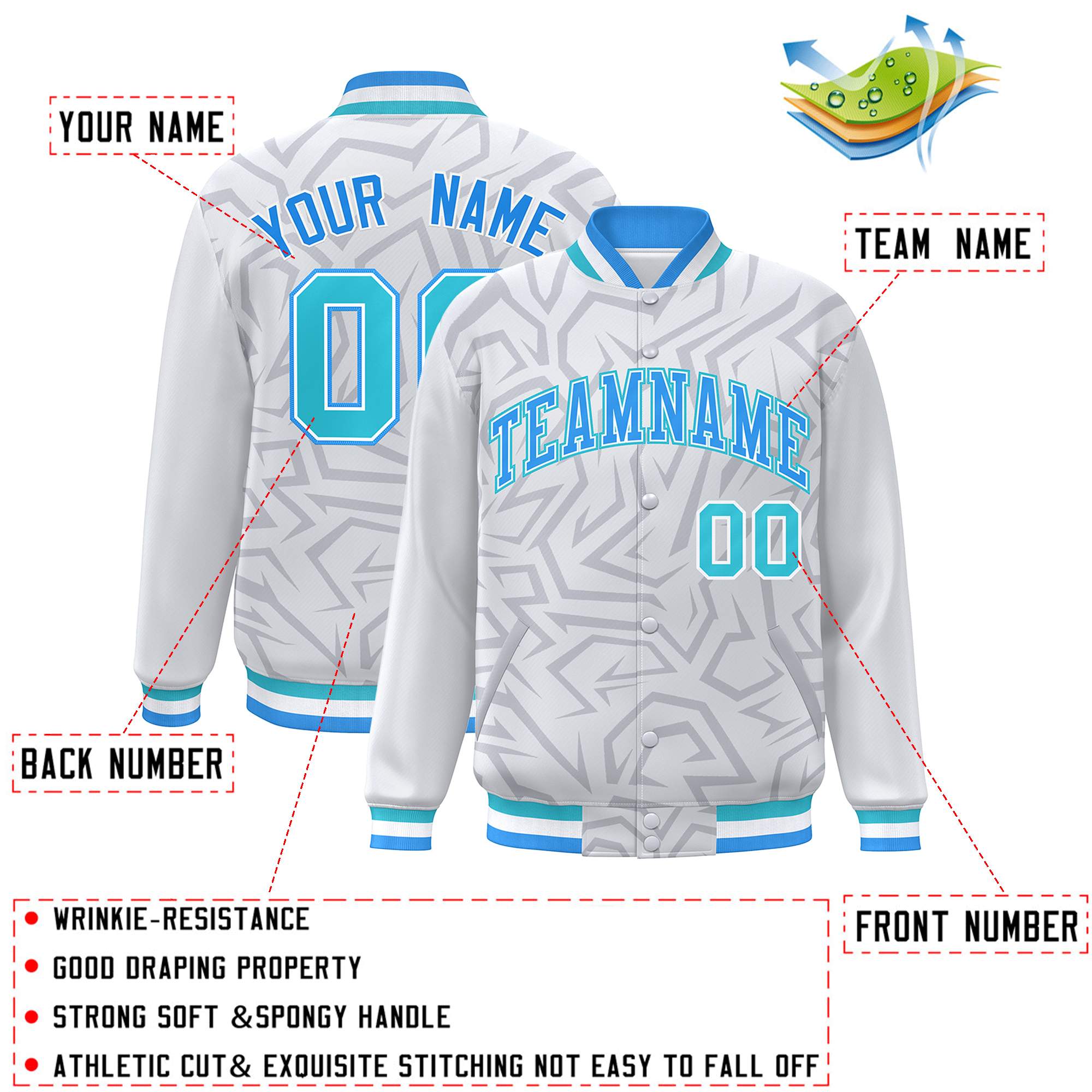 Custom White Powder Blue-Aqua Stripe Graffiti Pattern Varsity Full-Snap Jacket